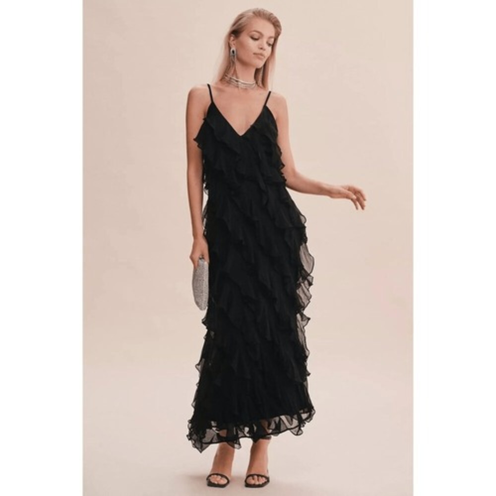 BHLDN Jia Bias-Cut Ruffled V-Neck Gown in Black‎ Size 2
